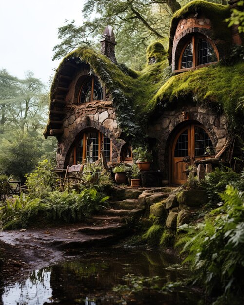 Photo a house in the woods by person