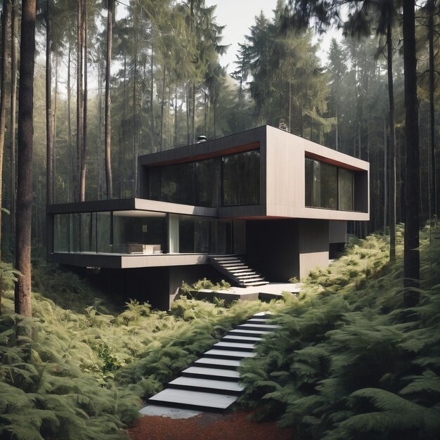 a house in the woods has a staircase that leads to a forest