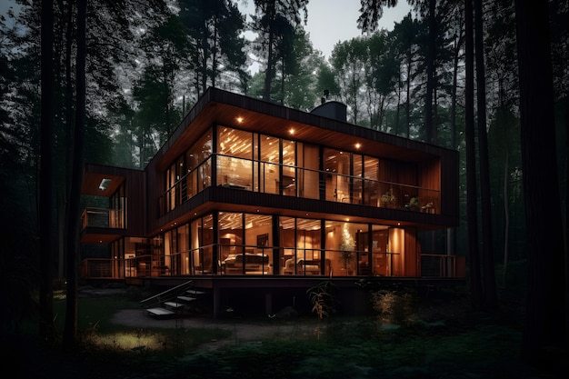 A house in the woods at night with the lights on