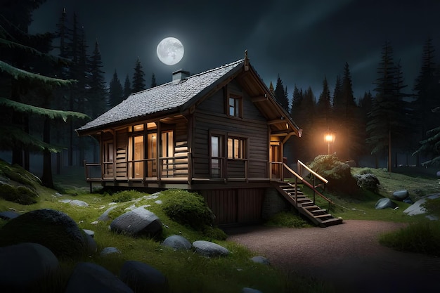 A house in the woods at night