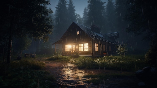 A house in the woods at night