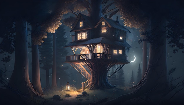 A house in the woods at night