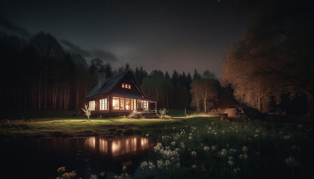 A house in the woods at night