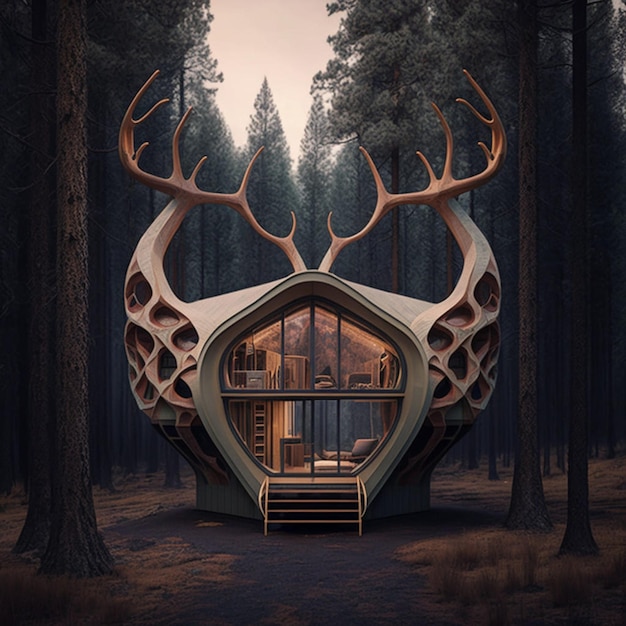 A house in the woods with antlers on the roof