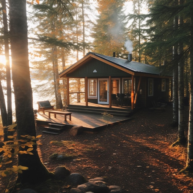 Photo a house in the woods with a bench on the deck.