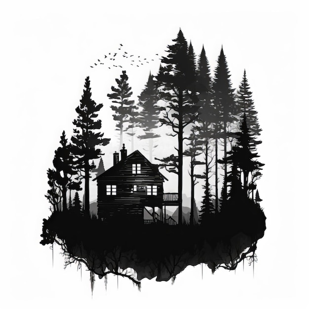 A house in the woods with birds flying around it