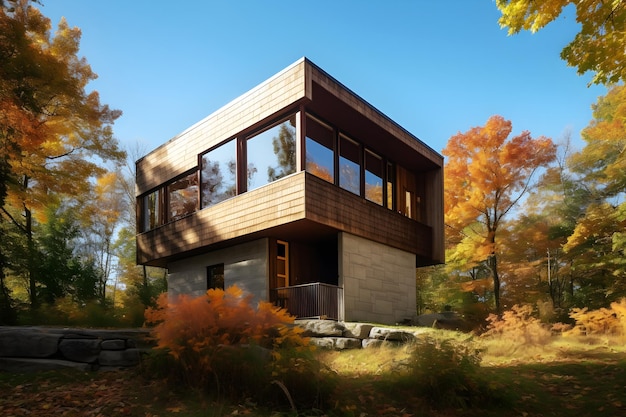 A house in the woods with a blue sky in the background