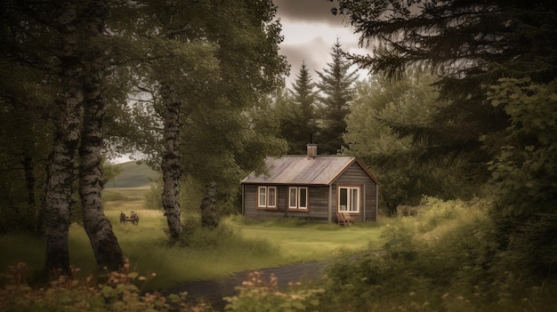 A house in the woods with a cloudy sky
