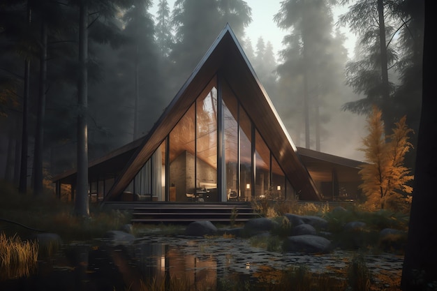 Дом в лесу на фоне леса