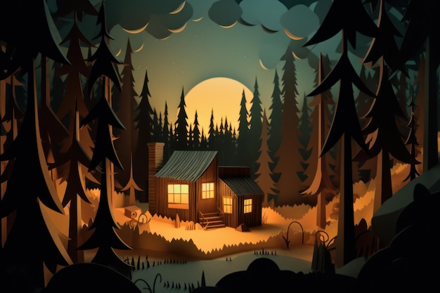 A house in the woods with a full moon