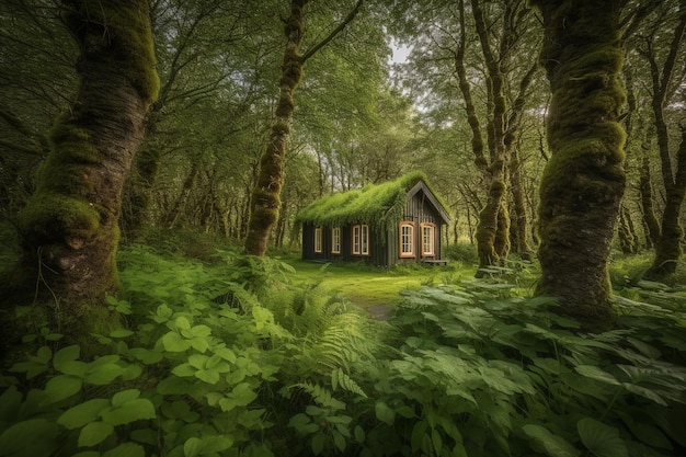 Дом в лесу с зеленой травой на крыше