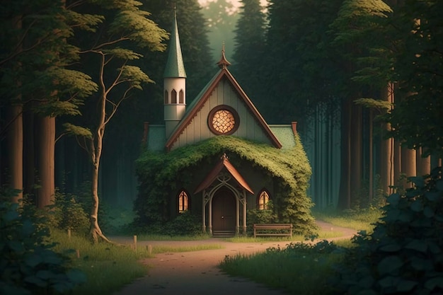 A house in the woods with a green roof and a steeple.