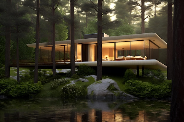 A house in the woods with a lake in the background