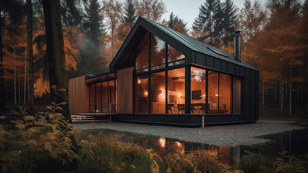 A house in the woods with a lake in the background