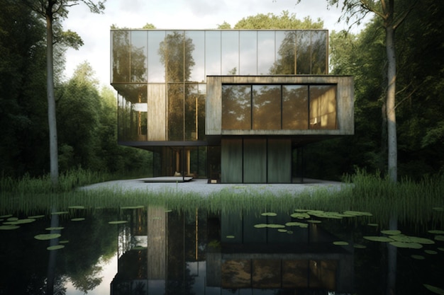 A house in the woods with a lake in the background