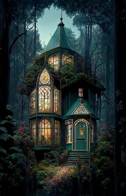 A house in the woods with a lantern on the roof.