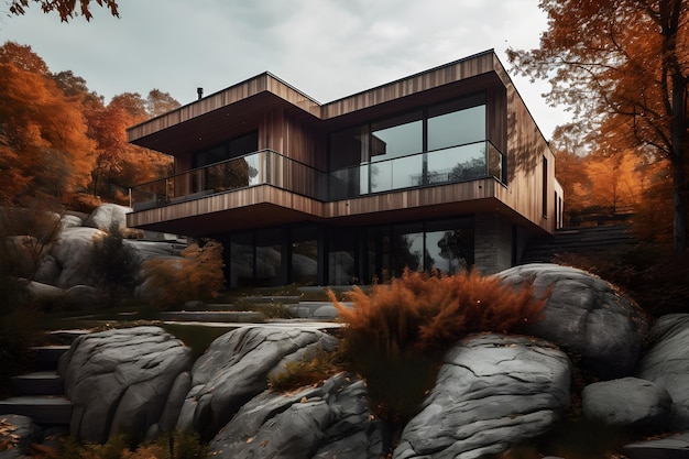 A house in the woods with a large balcony and a large window.