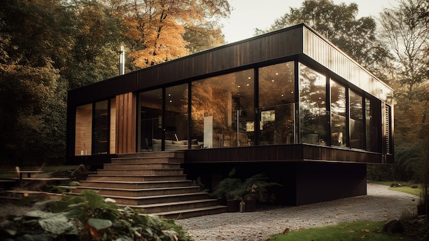 A house in the woods with a large glass door.