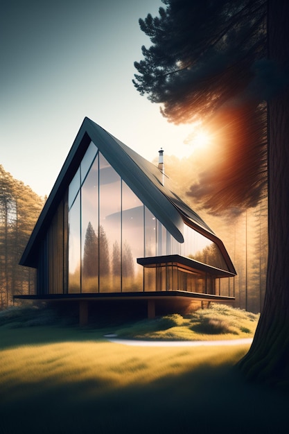 A house in the woods with a large glass roof