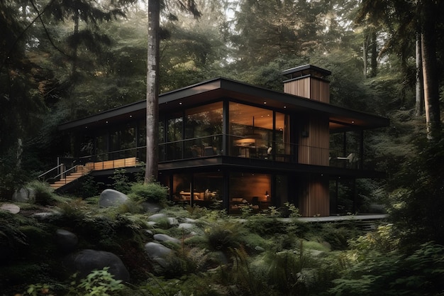 A house in the woods with a large window that says'forest house '