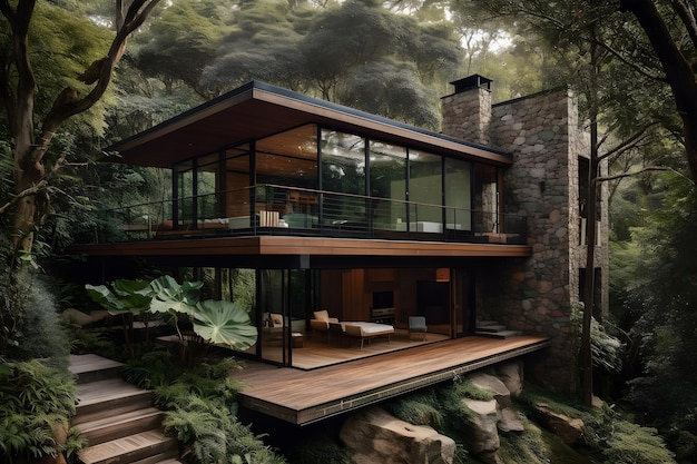 '집이 배경에 있다'는 커다란 창문이 있는 숲속의 집