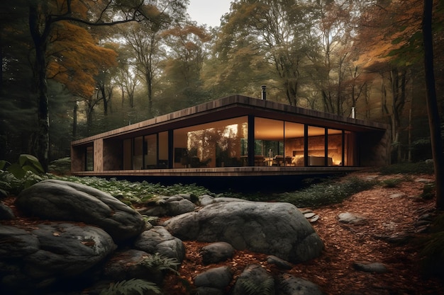A house in the woods with a large window that says'the house is in the woods '