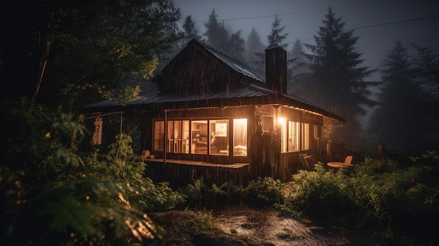 A house in the woods with the lights on