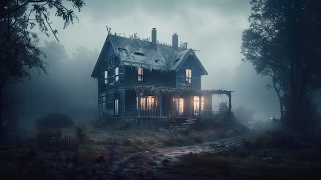 A house in the woods with the lights on