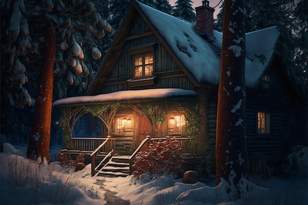 A house in the woods with the lights on