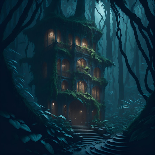 A house in the woods with lights on