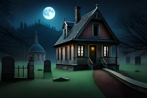 A house in the woods with the moon behind it