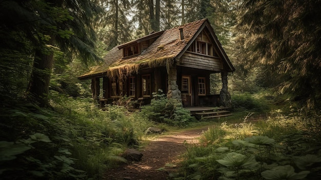 A house in the woods with a path leading to it