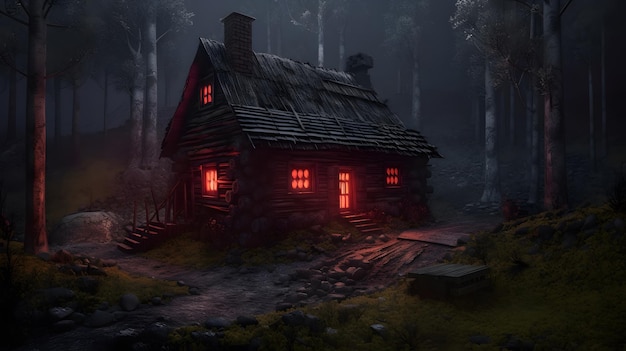 A house in the woods with red lights