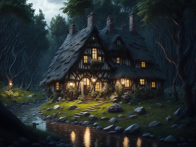 A house in the woods with a stream in the background