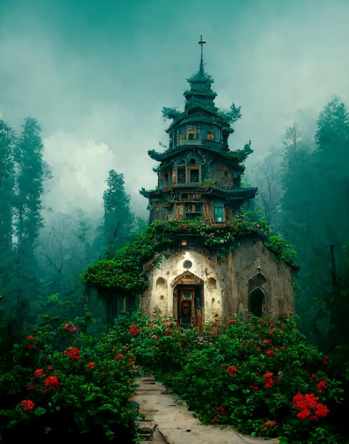 Дом в лесу с башней и цветами