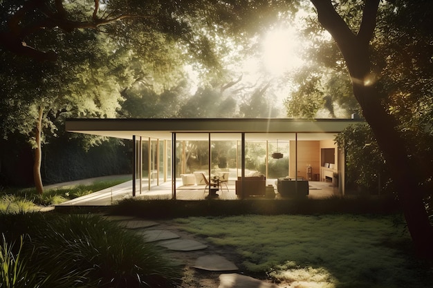 A house in the woods with a tree in the background