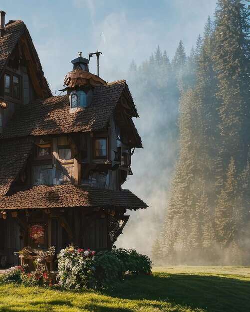 A house in the woods with a tree in the background