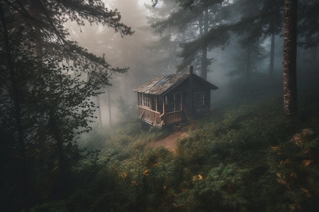 A house in the woods with a tree in the background