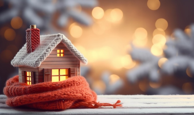 Дом, укутанный теплым вязаным шарфом, концепция зимнего отопления и энергетики