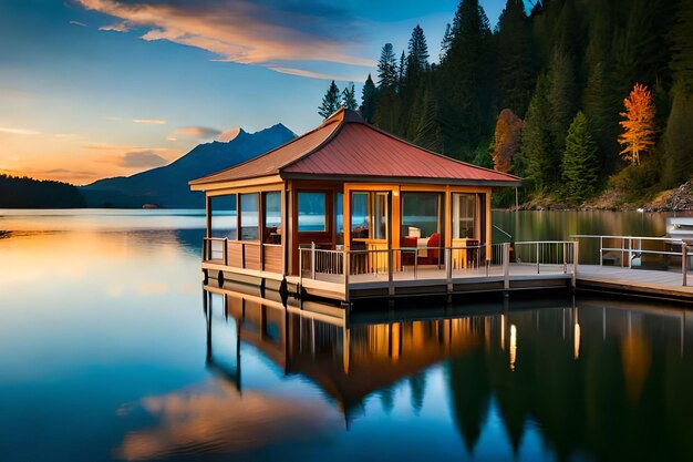 A houseboat sits on a lake with mountains in the background