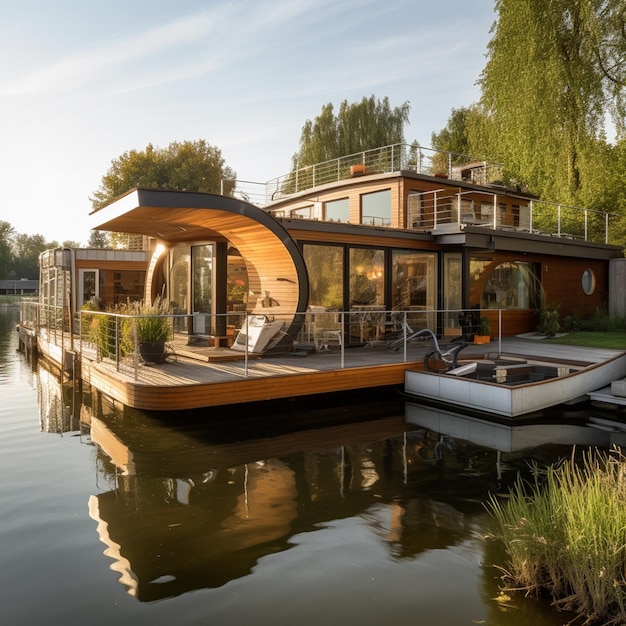 a houseboat sits on the water with a boat and a boat in the water.