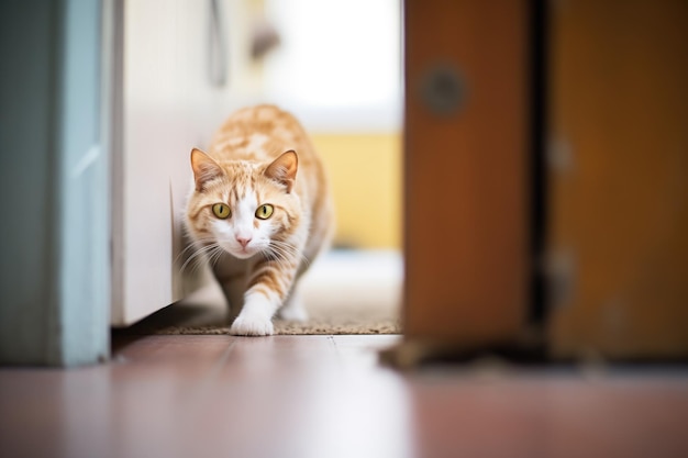 Housecat staring at a moving shadow under door