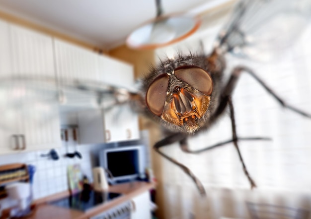 Photo housefly close-up. flying in kitchen.