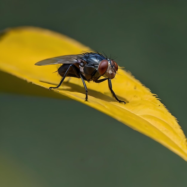 Photo housefly on a yellow leaf genarated by ai