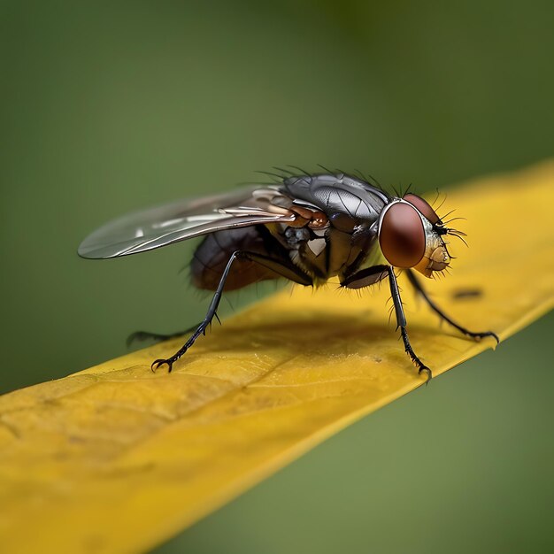 Photo housefly on a yellow leaf genarated by ai