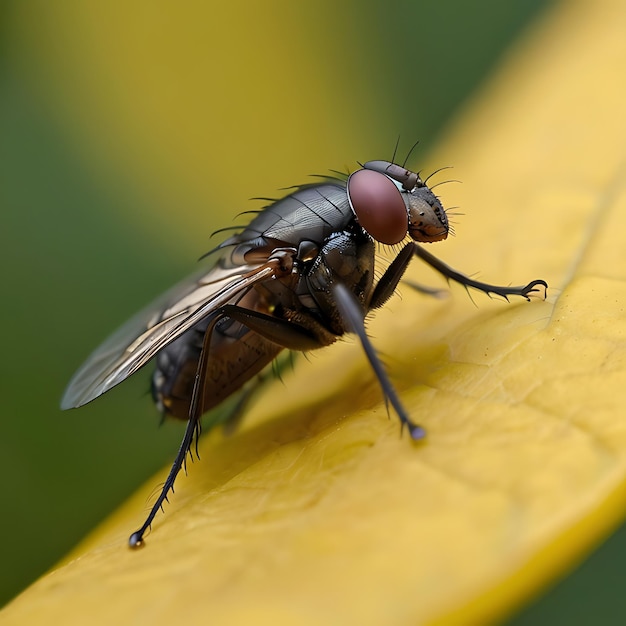 Housefly on a yellow leaf genarated by AI