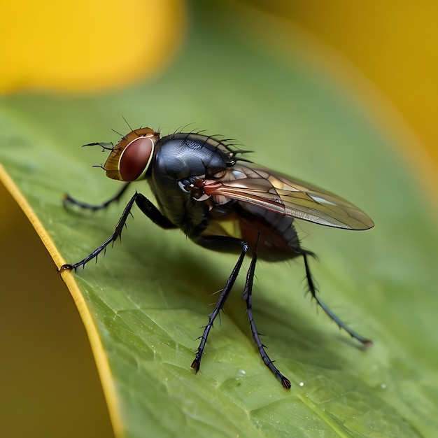 Photo housefly on a yellow leaf genarated by ai