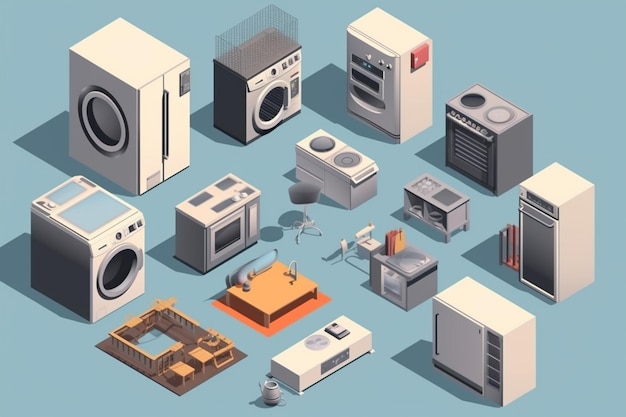 Photo household appliances isometric elements square