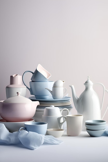 Household ceramic items Pastel color crockery stacks of bowls and mugs AI generated