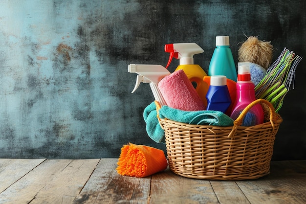 Photo household cleaning product variety in basket with copy space